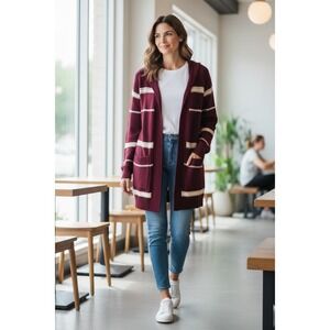 Lety & Me Burgundy & Cream‎ Striped, Open Front Cardigan Sweater, Pocket, NWOT